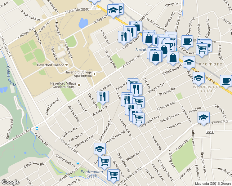 map of restaurants, bars, coffee shops, grocery stores, and more near 3 East County Line Road in Ardmore