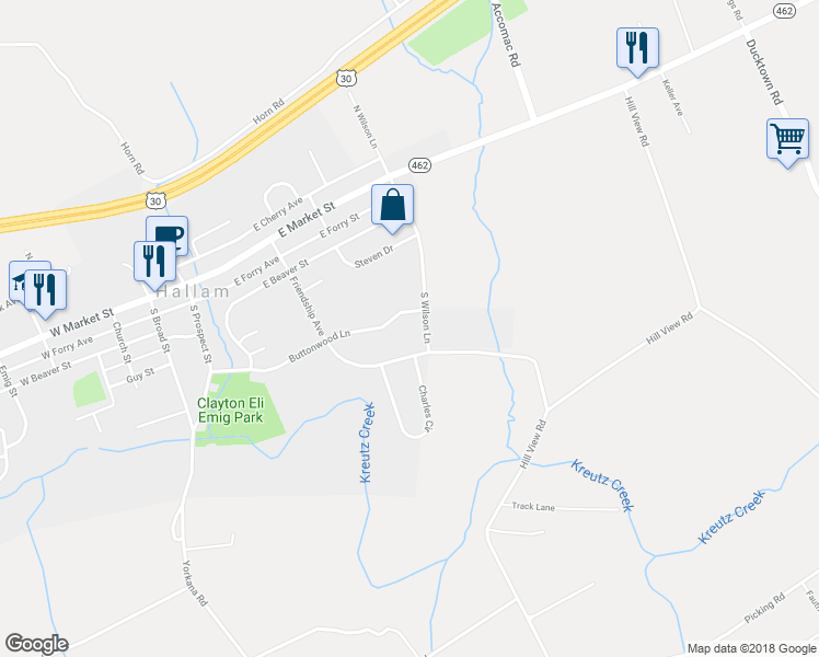 map of restaurants, bars, coffee shops, grocery stores, and more near 416 Buttonwood Lane in Hallam