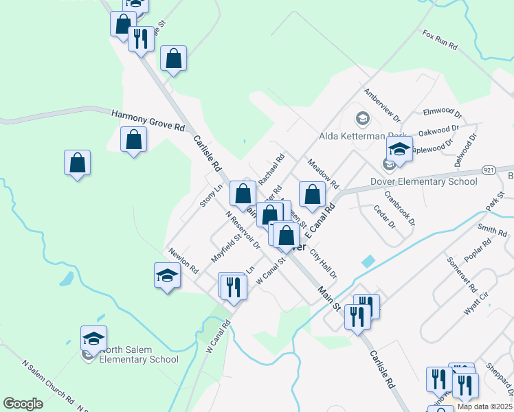 map of restaurants, bars, coffee shops, grocery stores, and more near 61 North Main Street in Dover