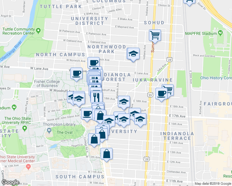 map of restaurants, bars, coffee shops, grocery stores, and more near in Columbus