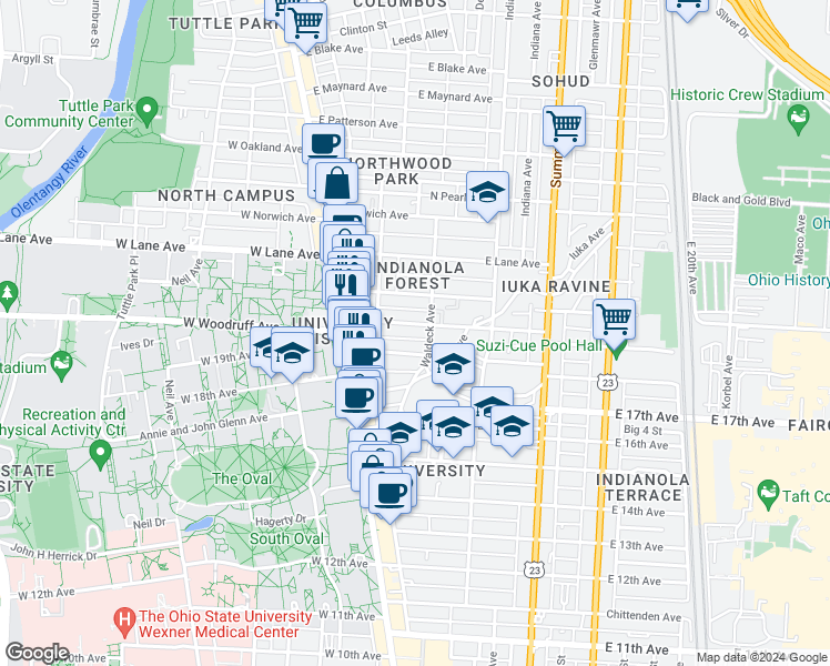 map of restaurants, bars, coffee shops, grocery stores, and more near in Columbus