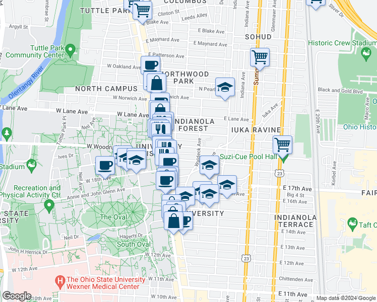 map of restaurants, bars, coffee shops, grocery stores, and more near 60 East 18th Avenue in Columbus