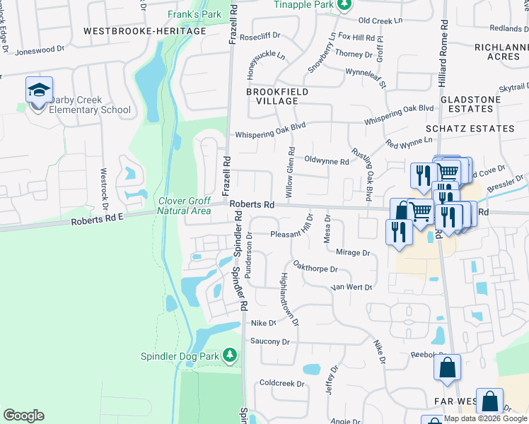 map of restaurants, bars, coffee shops, grocery stores, and more near 2580 Cowall Drive in Hilliard