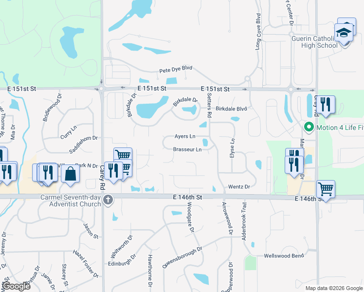 map of restaurants, bars, coffee shops, grocery stores, and more near 3818 Brasseur Lane in Carmel