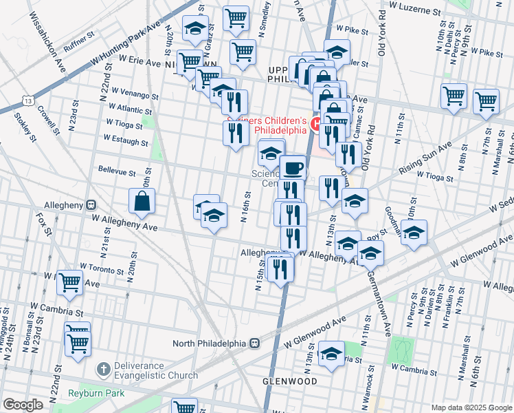map of restaurants, bars, coffee shops, grocery stores, and more near 1525 West Westmoreland Street in Philadelphia