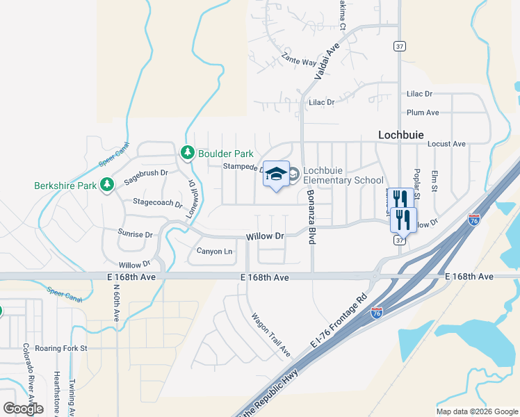 map of restaurants, bars, coffee shops, grocery stores, and more near 697 Prairie Avenue in Lochbuie