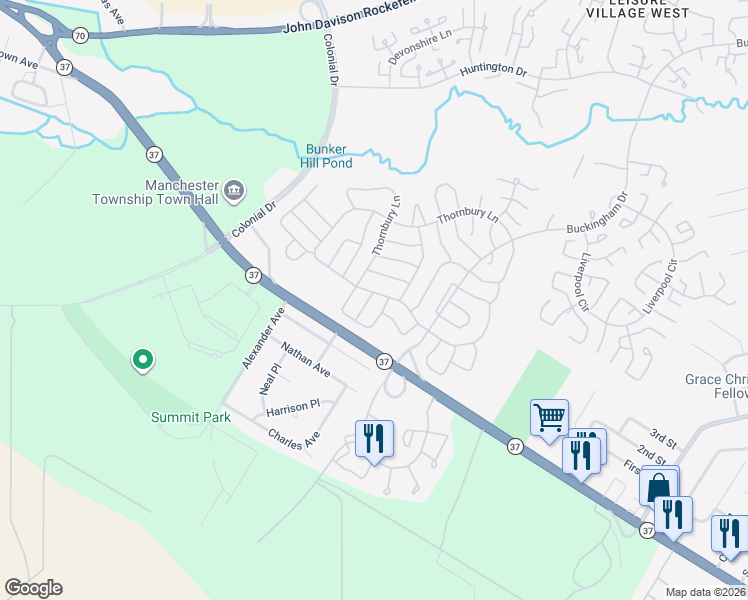 map of restaurants, bars, coffee shops, grocery stores, and more near 1163A Thornbury Lane in Manchester Township
