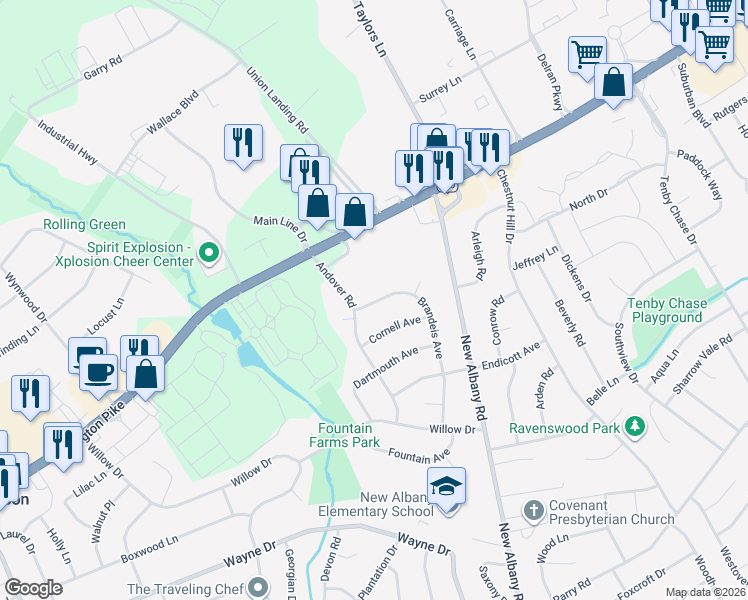 map of restaurants, bars, coffee shops, grocery stores, and more near 2050 Brandeis Avenue in Cinnaminson