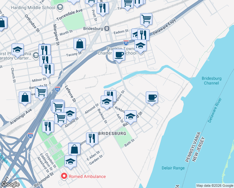 map of restaurants, bars, coffee shops, grocery stores, and more near 4725 Almond Street in Philadelphia