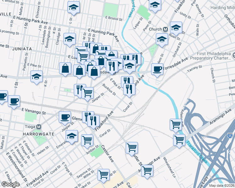 map of restaurants, bars, coffee shops, grocery stores, and more near 1924 Buckius Street in Philadelphia
