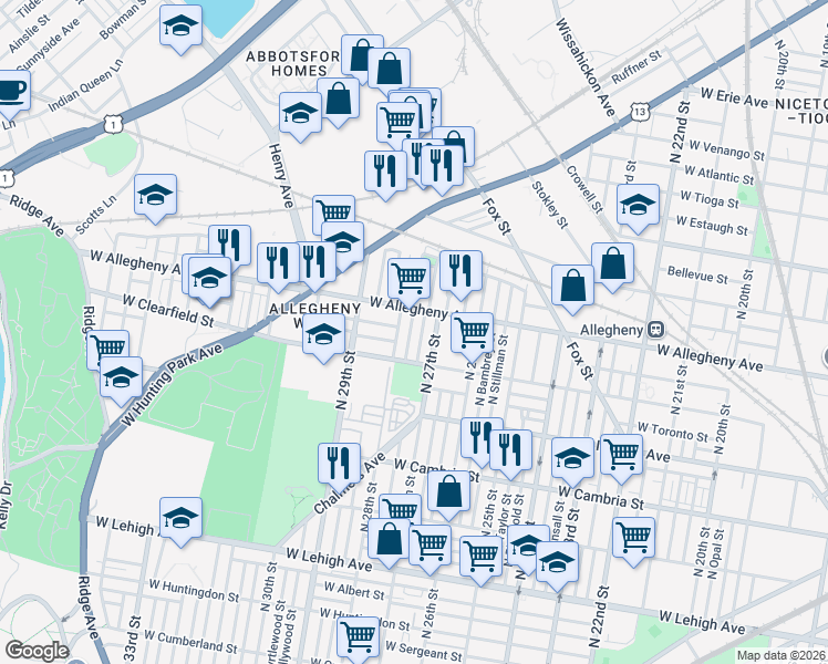 map of restaurants, bars, coffee shops, grocery stores, and more near 3127 North 28th Street in Philadelphia