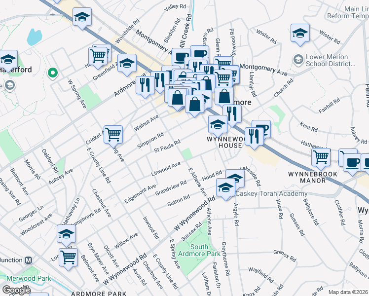 map of restaurants, bars, coffee shops, grocery stores, and more near 50 Linwood Avenue in Ardmore