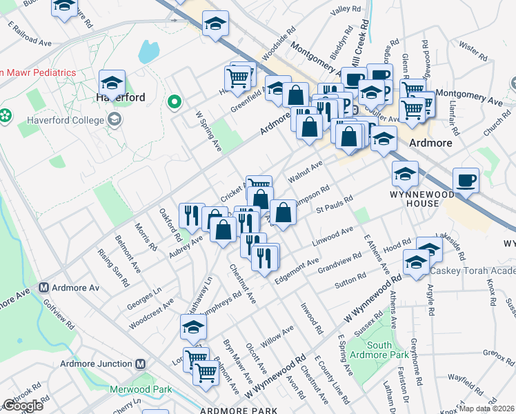 map of restaurants, bars, coffee shops, grocery stores, and more near 65 East Spring Avenue in Ardmore