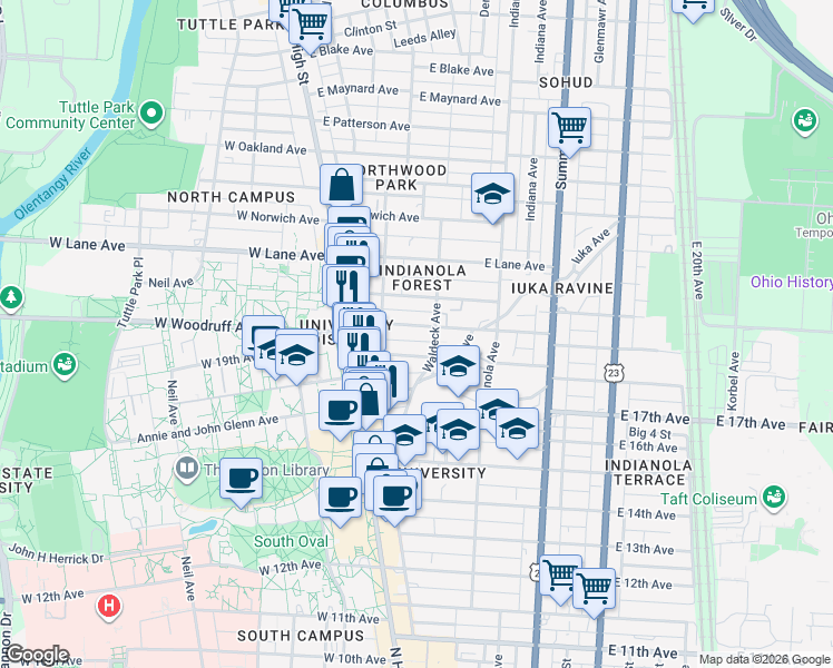 map of restaurants, bars, coffee shops, grocery stores, and more near in Columbus