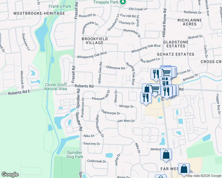 map of restaurants, bars, coffee shops, grocery stores, and more near 5603 Pleasant Hill Drive in Hilliard