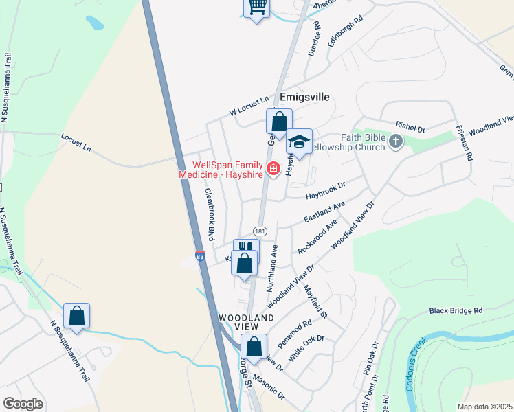 map of restaurants, bars, coffee shops, grocery stores, and more near 2650 North George Street in York