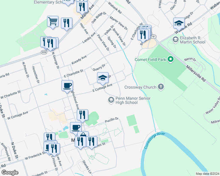 map of restaurants, bars, coffee shops, grocery stores, and more near 132 East Cottage Avenue in Millersville