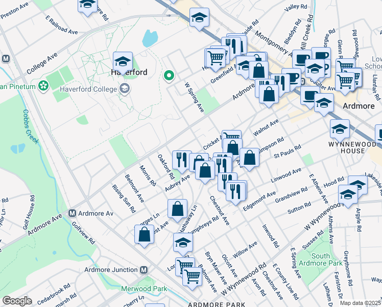 map of restaurants, bars, coffee shops, grocery stores, and more near 822 Cricket Avenue in Ardmore