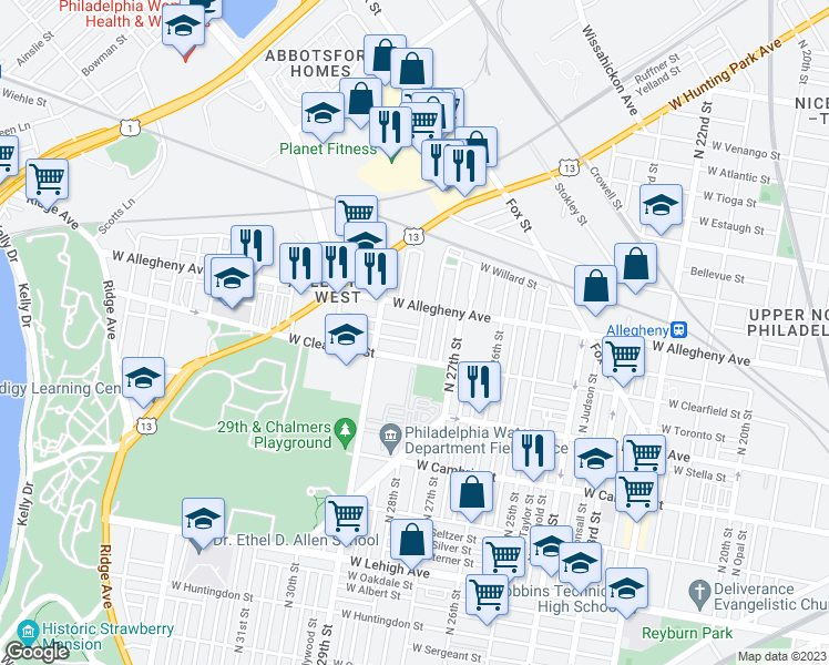 map of restaurants, bars, coffee shops, grocery stores, and more near 3130 North 28th Street in Philadelphia