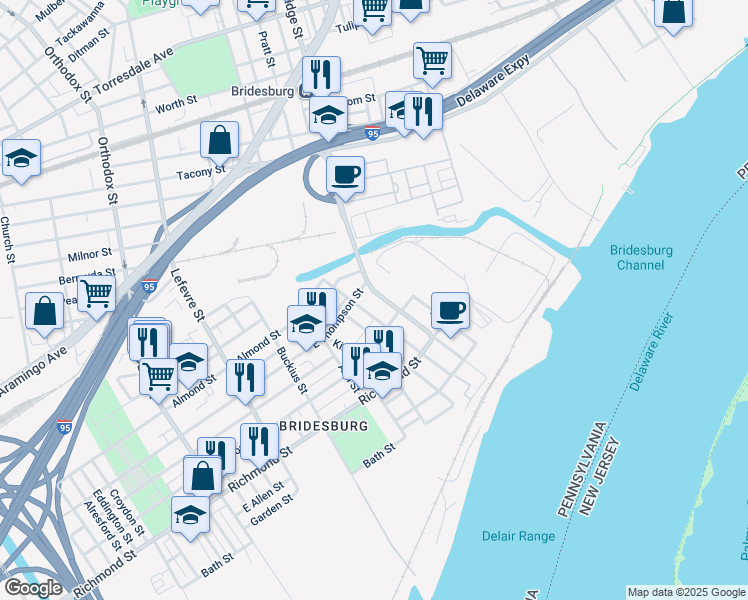 map of restaurants, bars, coffee shops, grocery stores, and more near 2656 Bridge Street in Philadelphia