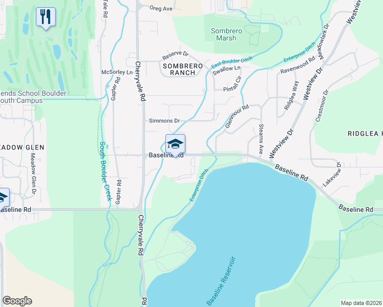 map of restaurants, bars, coffee shops, grocery stores, and more near 6161 County Highway 56 in Boulder
