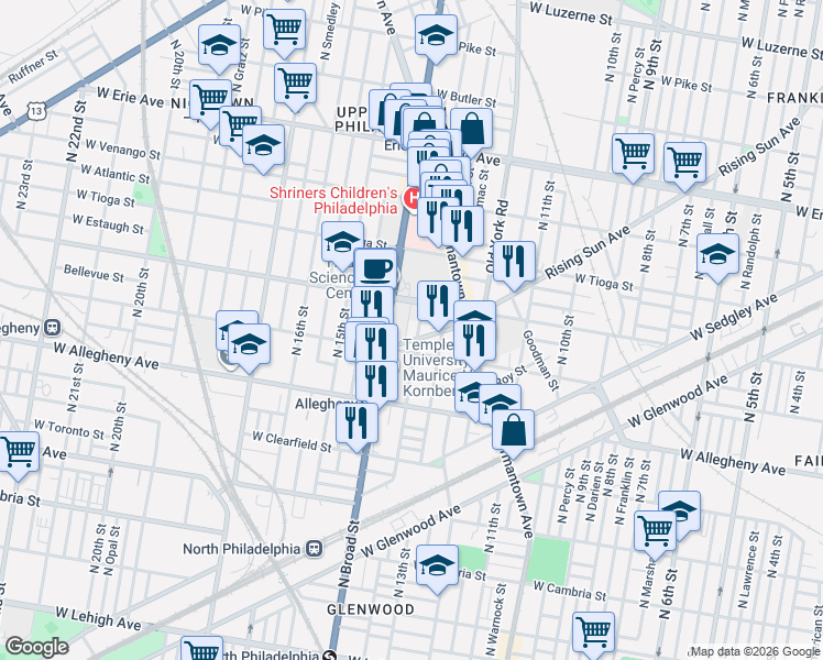 map of restaurants, bars, coffee shops, grocery stores, and more near 1329 Rising Sun Avenue in Philadelphia
