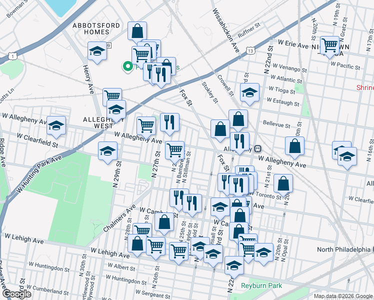 map of restaurants, bars, coffee shops, grocery stores, and more near 3152 North 25th Street in Philadelphia