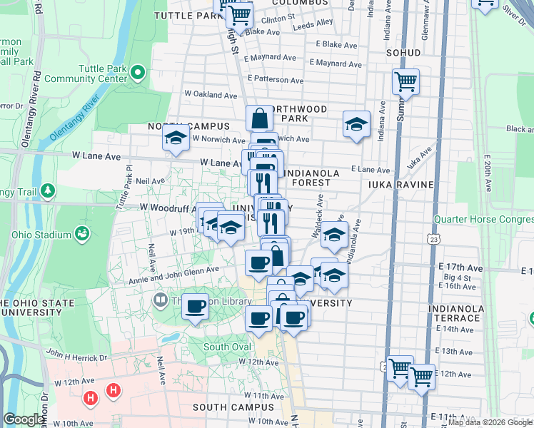 map of restaurants, bars, coffee shops, grocery stores, and more near 2020 North High Street in Columbus