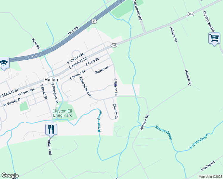 map of restaurants, bars, coffee shops, grocery stores, and more near 416 Buttonwood Lane in Hallam