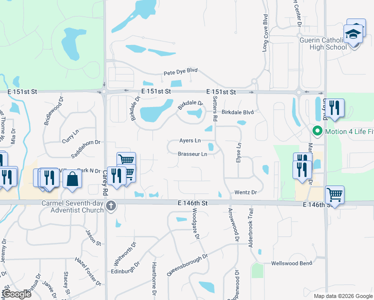 map of restaurants, bars, coffee shops, grocery stores, and more near 3818 Brasseur Lane in Carmel