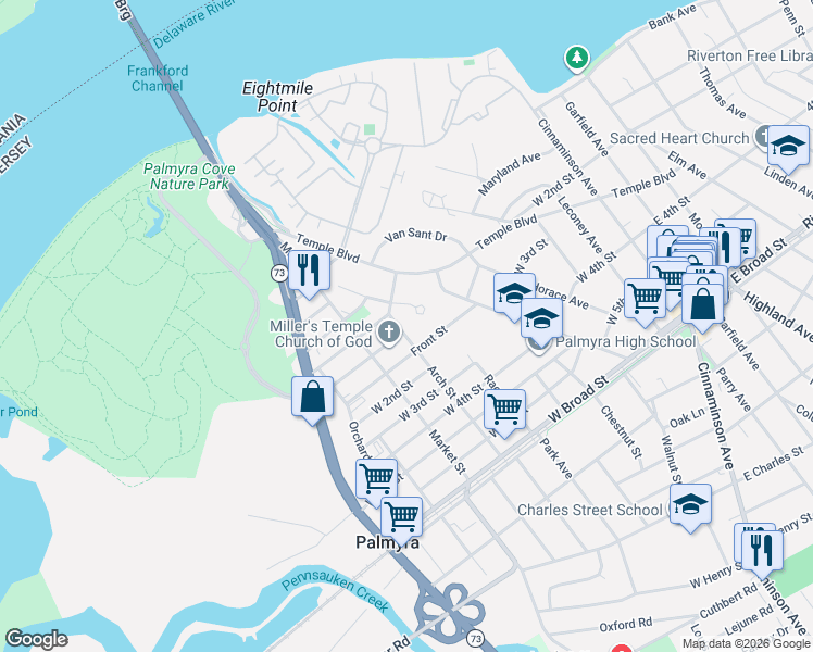 map of restaurants, bars, coffee shops, grocery stores, and more near 92 Arch Street in Palmyra