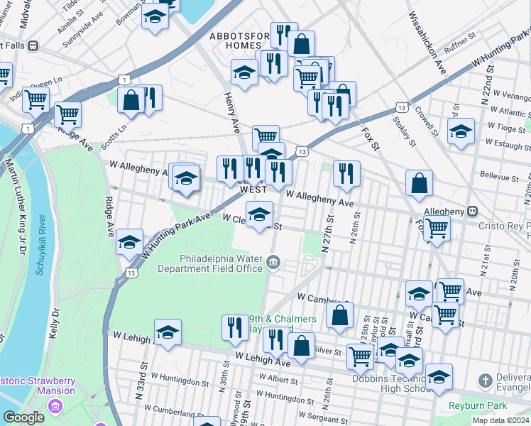 map of restaurants, bars, coffee shops, grocery stores, and more near 2924 West Clementine Street in Philadelphia