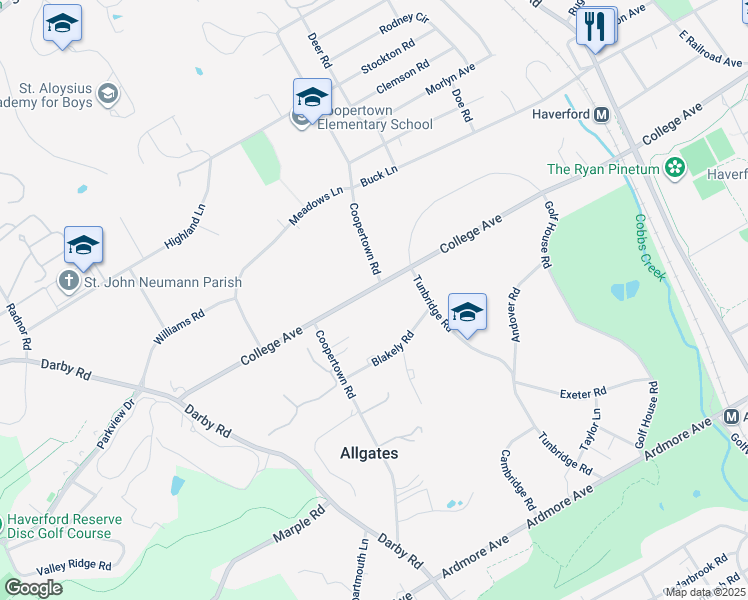 map of restaurants, bars, coffee shops, grocery stores, and more near 429 College Avenue in Haverford