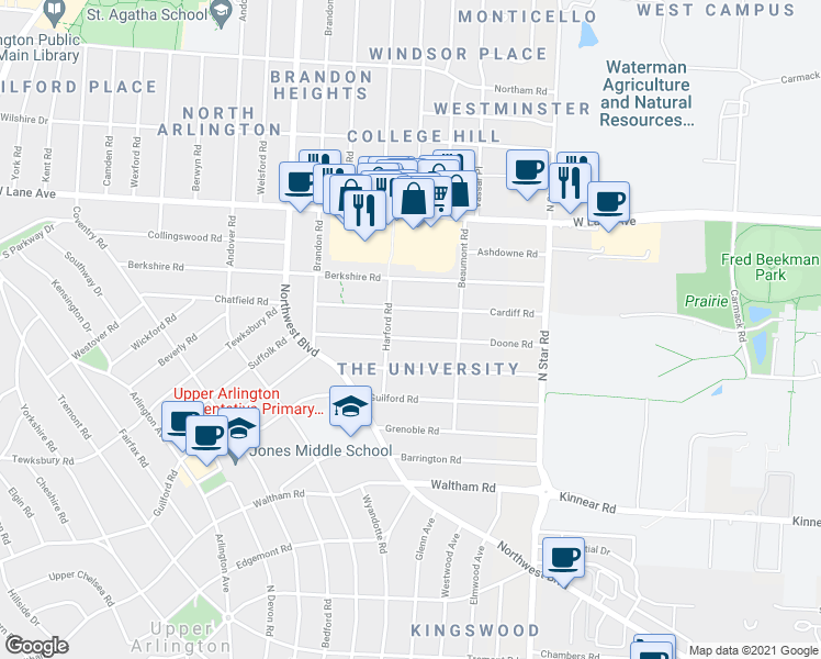 map of restaurants, bars, coffee shops, grocery stores, and more near 1646 Doone Road in Columbus