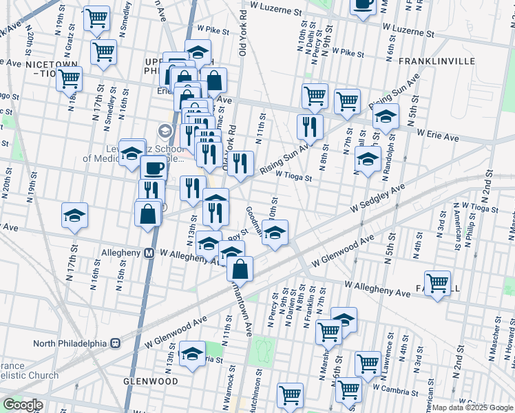 map of restaurants, bars, coffee shops, grocery stores, and more near 1018 West Ontario Street in Philadelphia