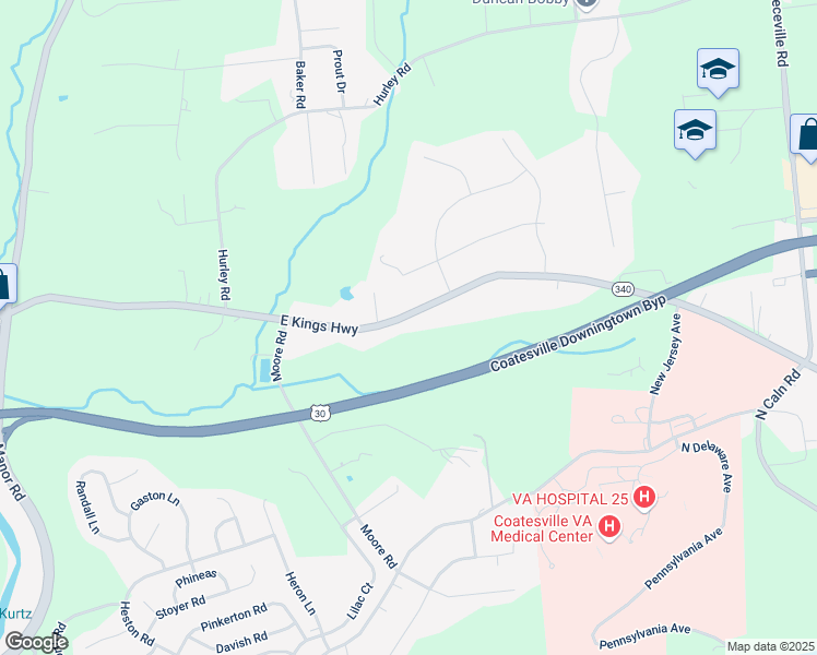 map of restaurants, bars, coffee shops, grocery stores, and more near 1316 East Kings Highway in Coatesville