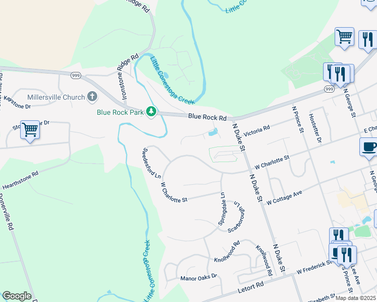 map of restaurants, bars, coffee shops, grocery stores, and more near 363 West Charlotte Street in Millersville