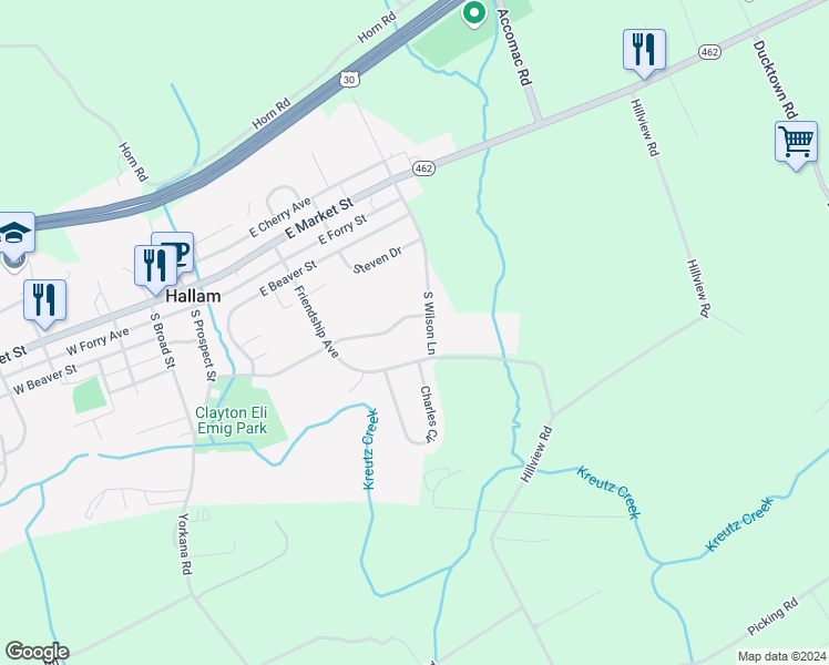 map of restaurants, bars, coffee shops, grocery stores, and more near 408B Buttonwood Lane in Hallam