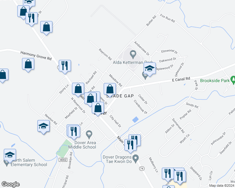 map of restaurants, bars, coffee shops, grocery stores, and more near 65 East Canal Road in Dover