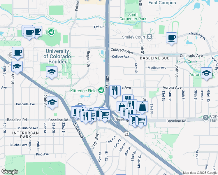 map of restaurants, bars, coffee shops, grocery stores, and more near Aurora Avenue & 28th Street Frontage Road in Boulder