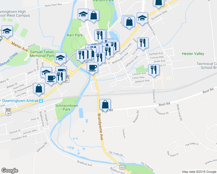 map of restaurants, bars, coffee shops, grocery stores, and more near 237 Buchanan Court in Downingtown