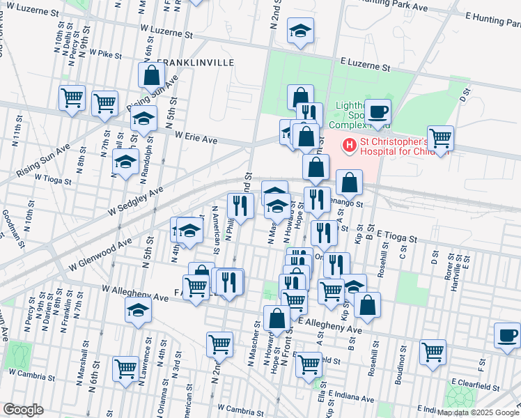 map of restaurants, bars, coffee shops, grocery stores, and more near 179 West Tioga Street in Philadelphia