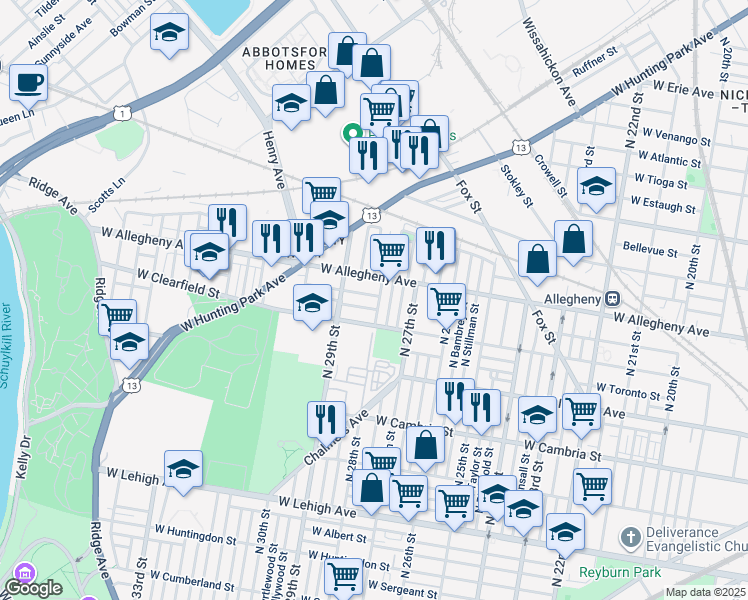 map of restaurants, bars, coffee shops, grocery stores, and more near 3130 North 28th Street in Philadelphia