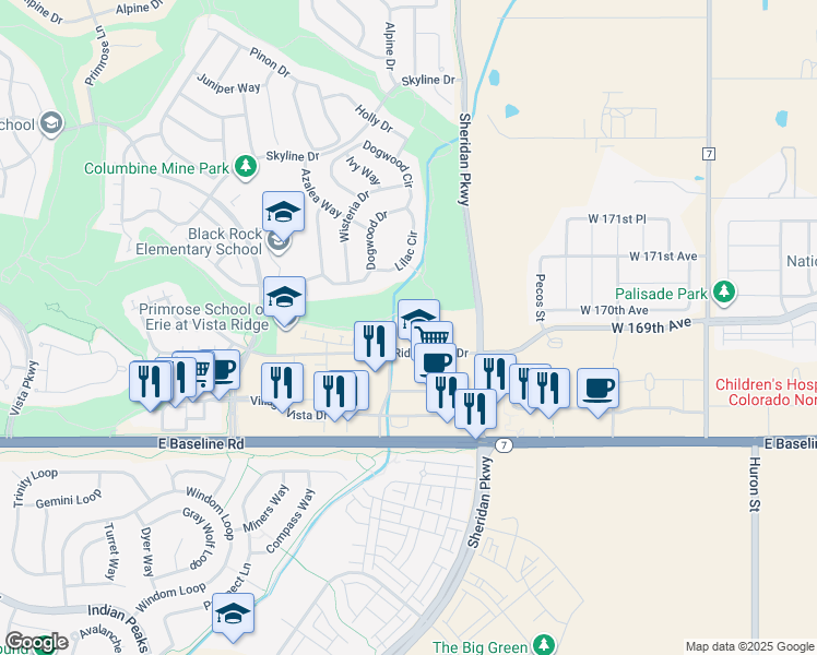 map of restaurants, bars, coffee shops, grocery stores, and more near 3100 Ridge View Drive in Erie