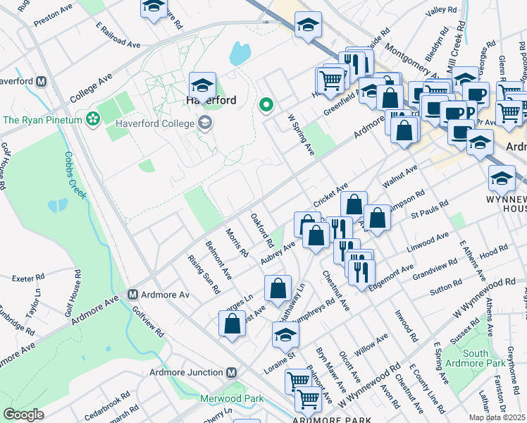 map of restaurants, bars, coffee shops, grocery stores, and more near 2944 Normandy Road in Ardmore