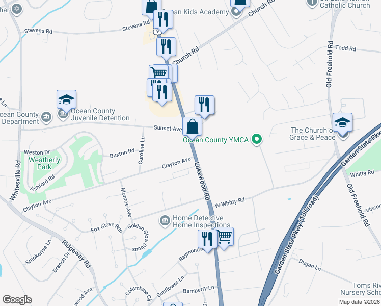 map of restaurants, bars, coffee shops, grocery stores, and more near 3 Clayton Avenue in Toms River