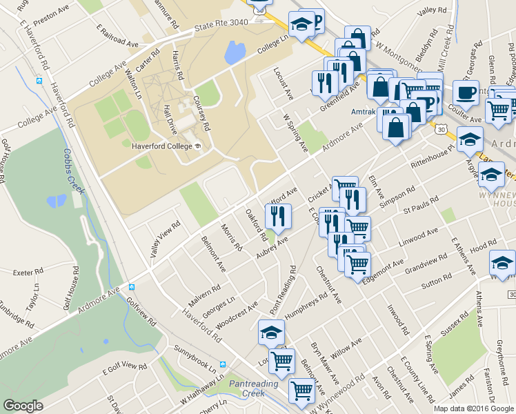 map of restaurants, bars, coffee shops, grocery stores, and more near 2944 Normandy Road in Ardmore