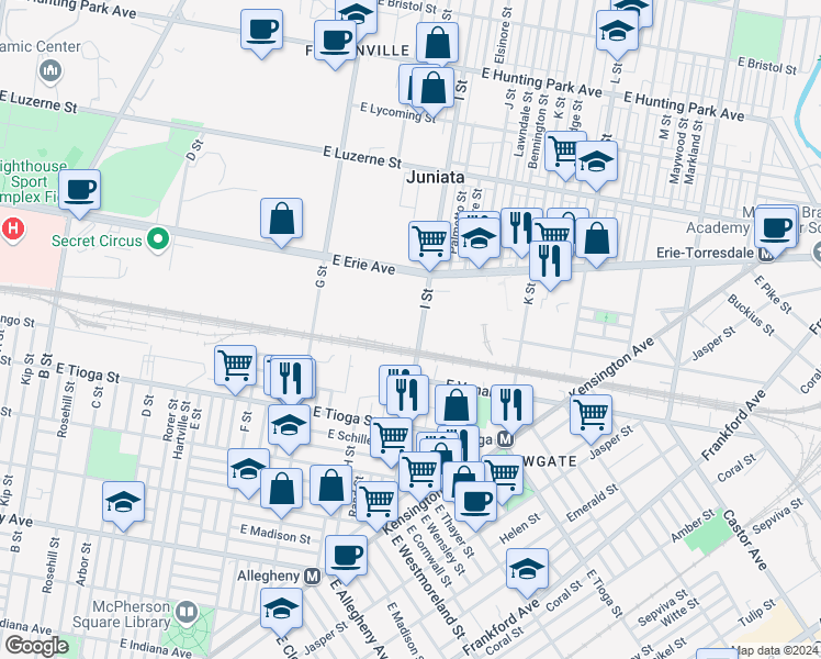 map of restaurants, bars, coffee shops, grocery stores, and more near 3651 I Street in Philadelphia