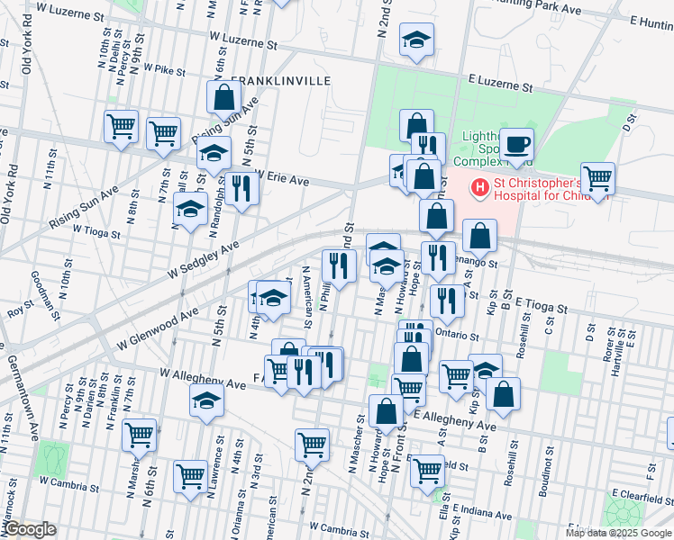 map of restaurants, bars, coffee shops, grocery stores, and more near 3500 North 2nd Street in Philadelphia
