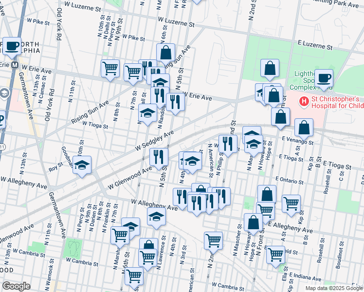 map of restaurants, bars, coffee shops, grocery stores, and more near 459 West Glenwood Avenue in Philadelphia